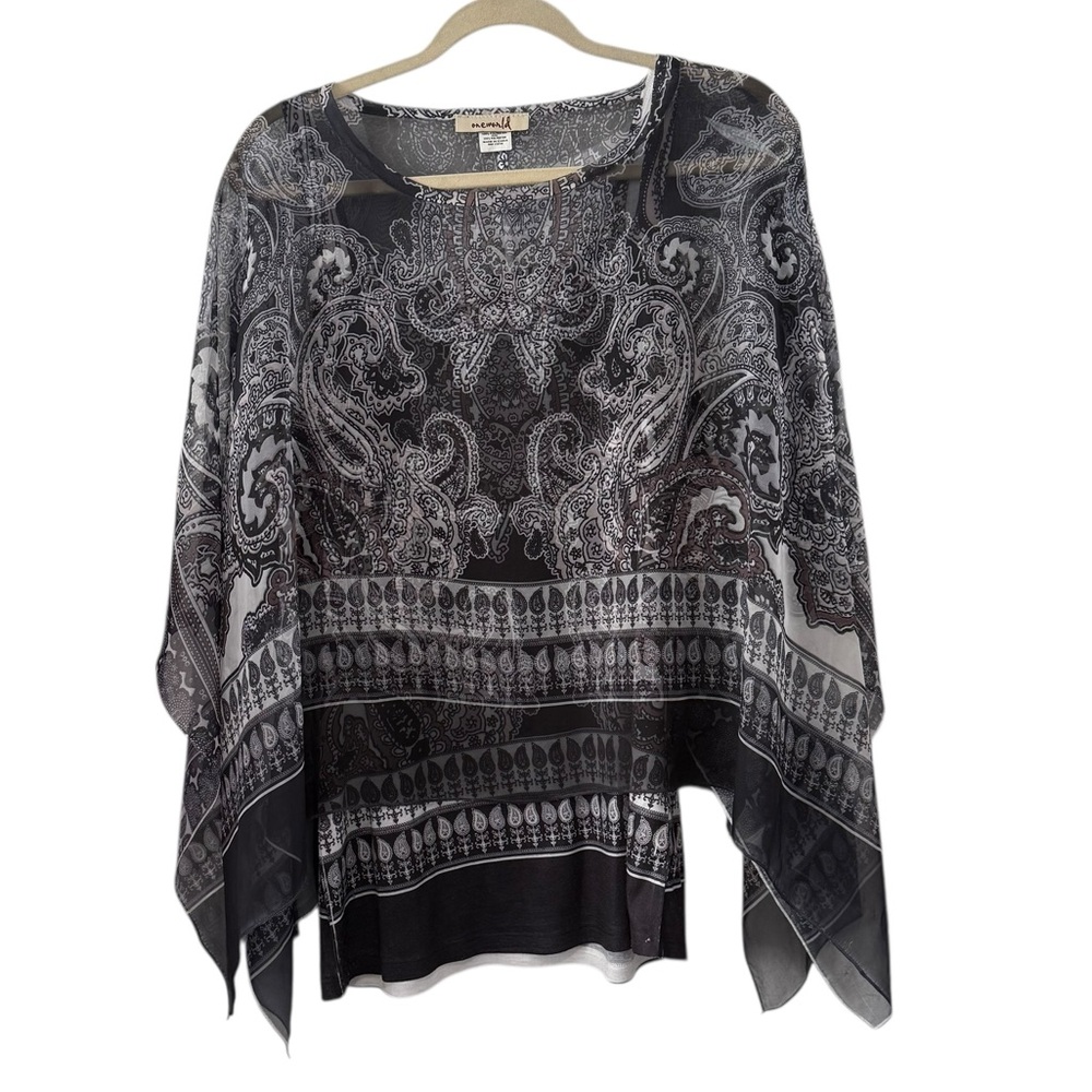 One World Large Paisley Sheer Poncho Top Black White Boho Layered Tunic